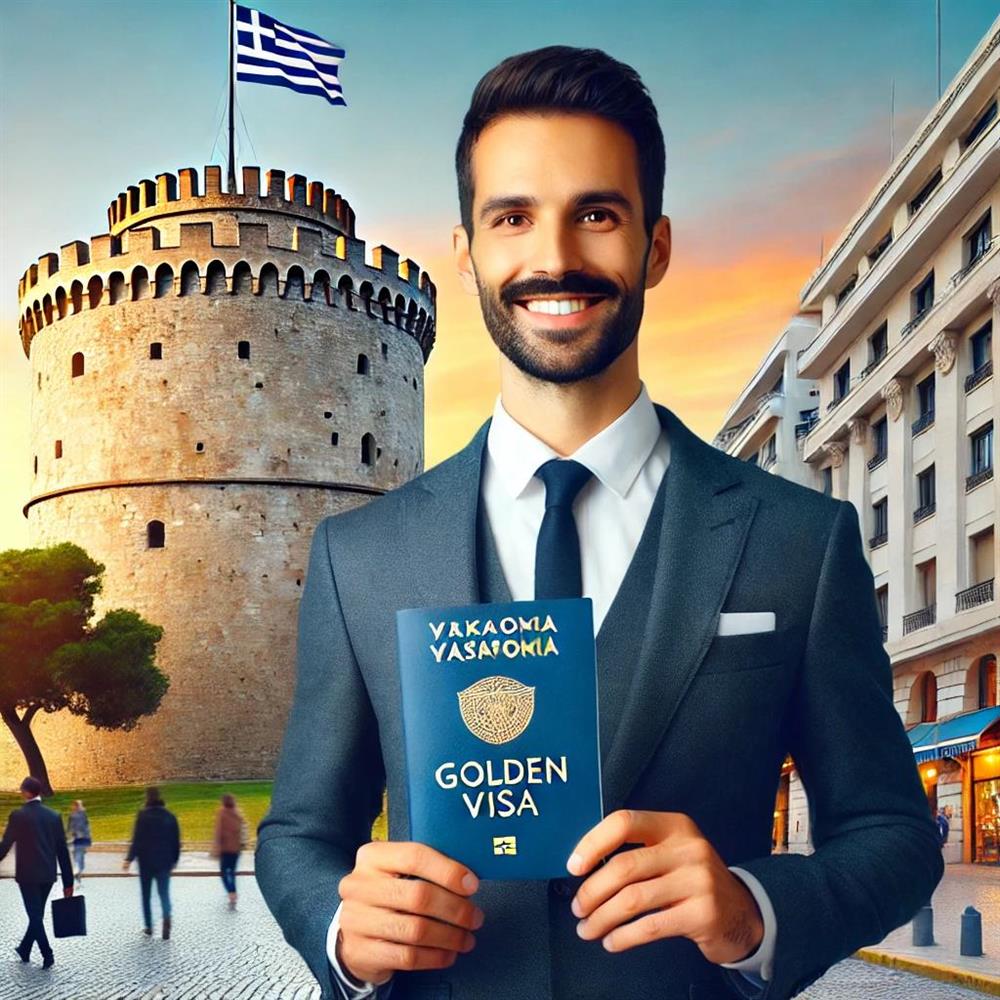 Επιτυχημένος επενδυτής με έγγραφα της Golden Visa μπροστά από τον Λευκό Πύργο στη Θεσσαλονίκη